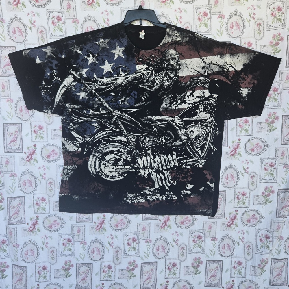 Miami Ink Biker T Shirt Mens 3XL Grim Reaper American Flag 4th of July Patriotic